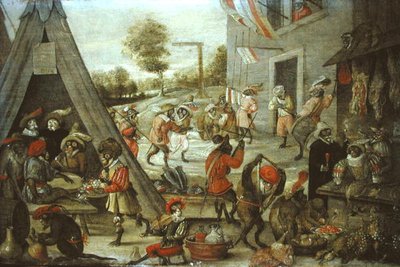Monkey and Cat Soldiers in an Encampment by Flemish School